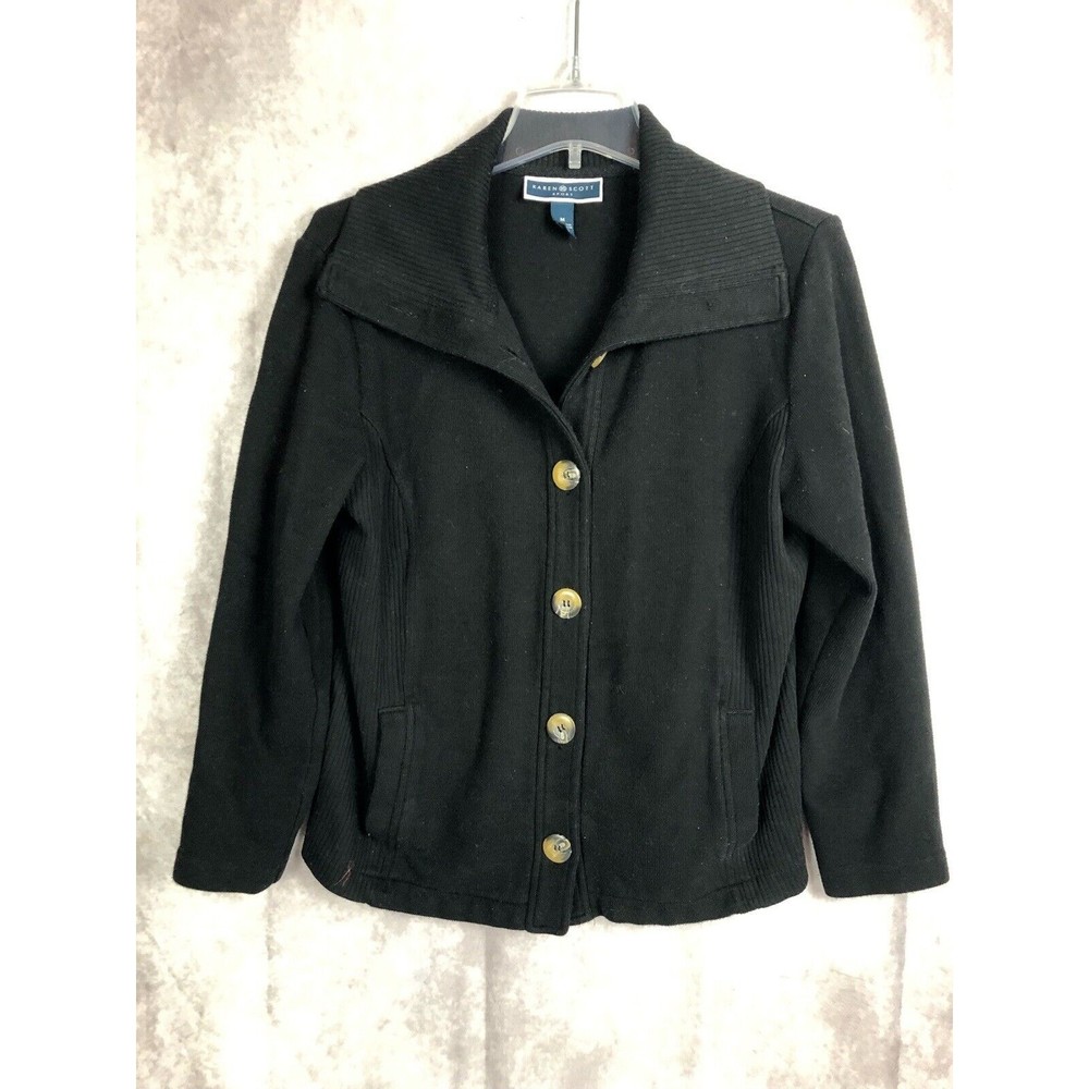 Karen Scott Sport Women's Sz. M Black Long Sleeve Collared Button Front Sweater